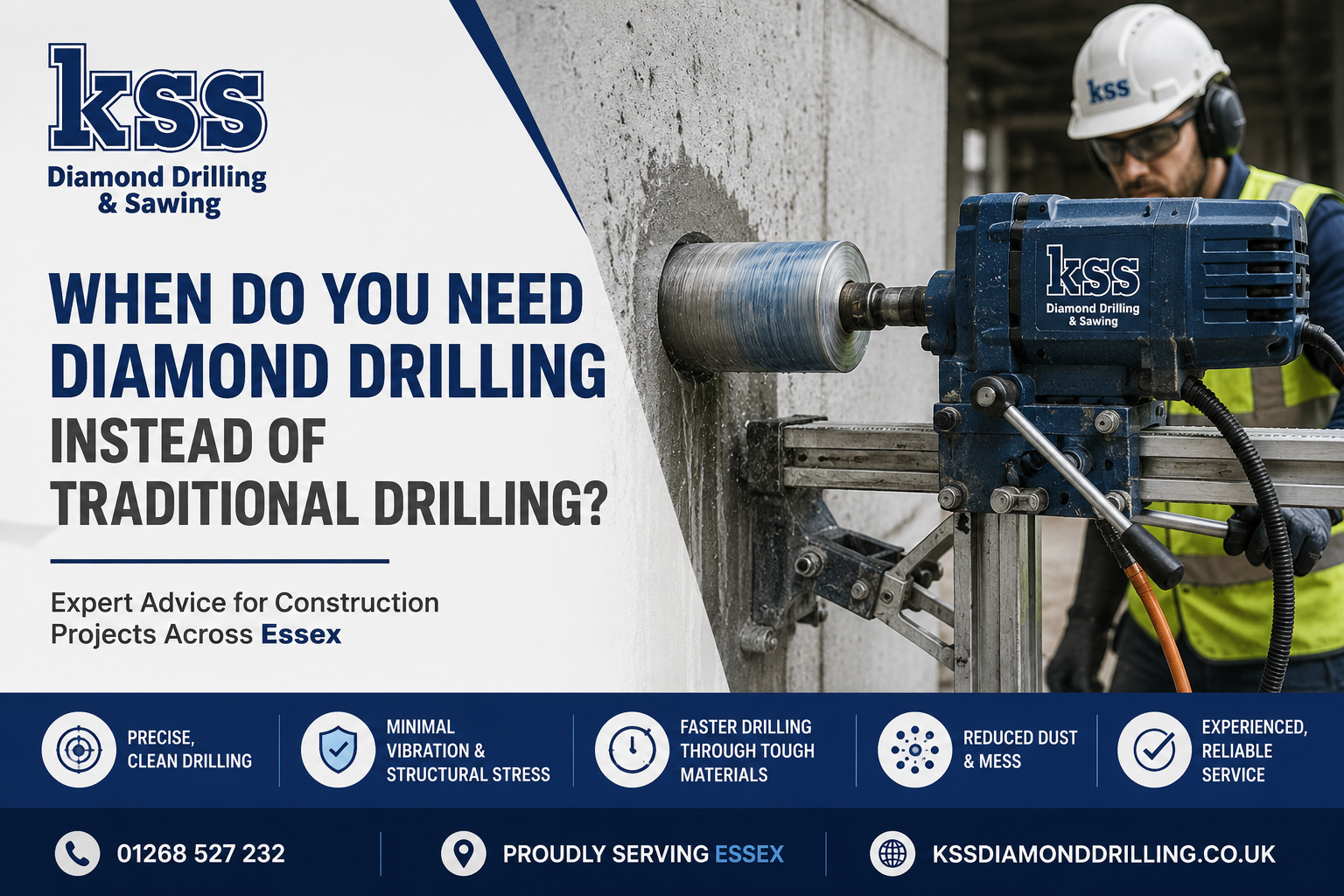 Construction worker using a diamond core drilling rig to drill through reinforced concrete, illustrating when diamond drilling is the preferred alternative to traditional drilling. KSS Diamond Drilling serving Essex.